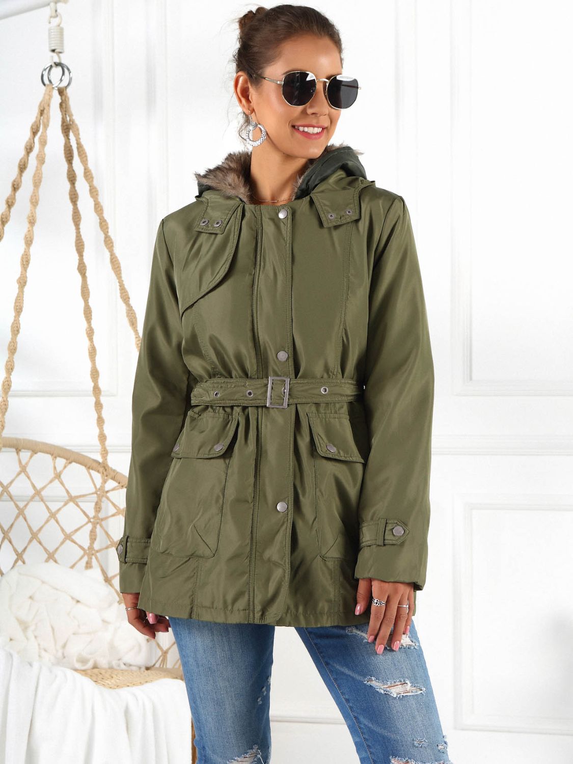 Ivy Lane Full Size Hooded Jacket with Detachable Liner (Three-Way Wear) in Army Green