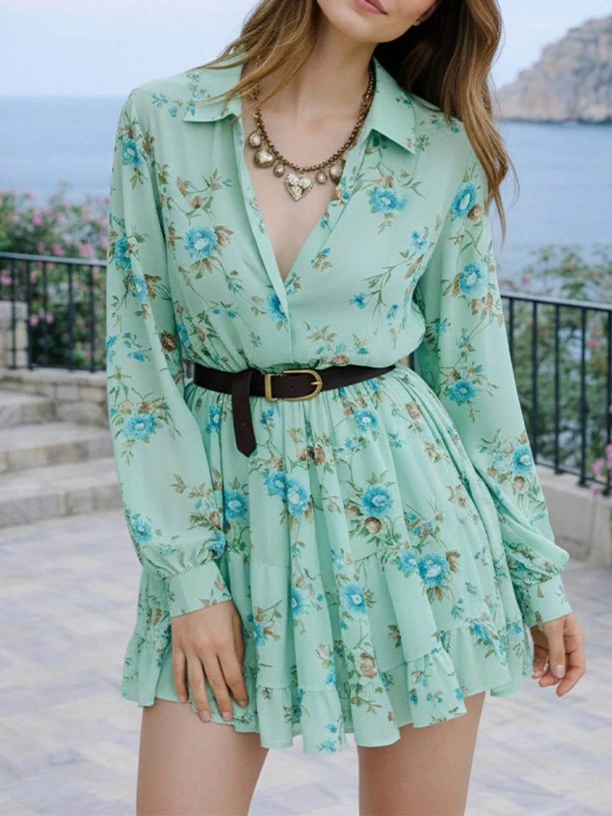 Full Size Floral Print Long Sleeve Shirt Dress Plus Size in Green
