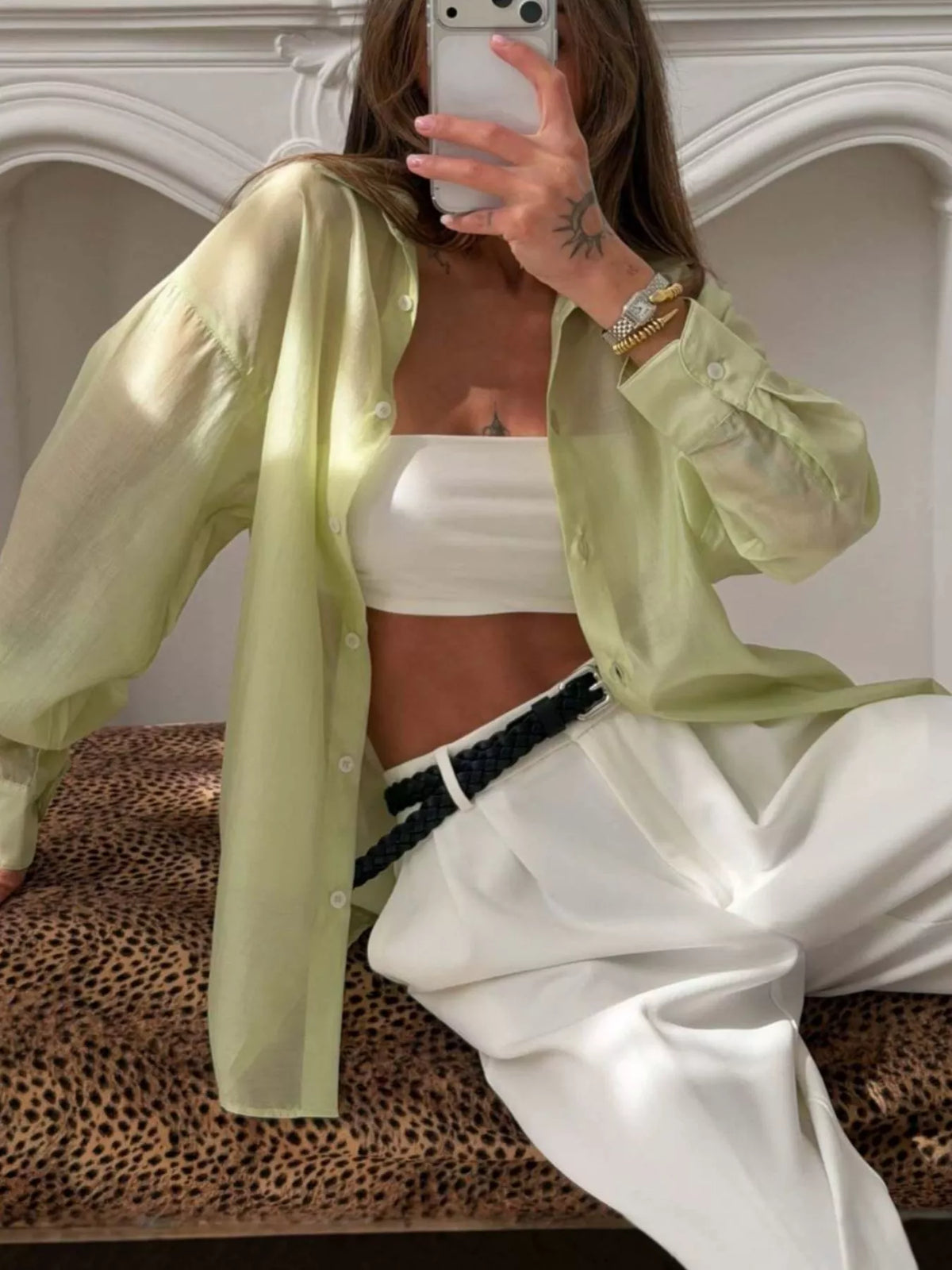 Sheer Oversized Button-Up Shirt, view 2