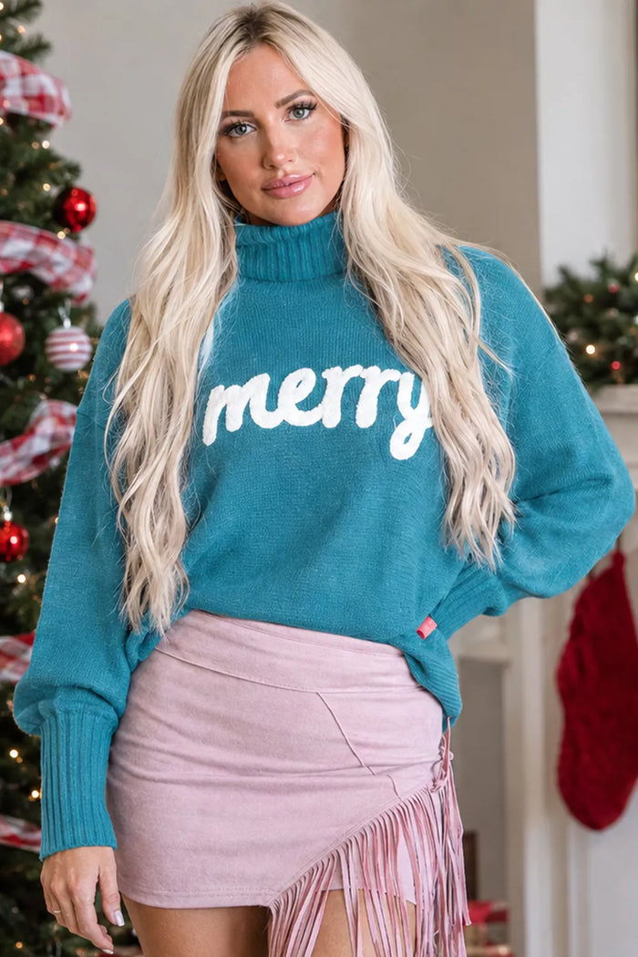 Double Take Full Size Merry Christmas Turtleneck Long Sleeve Sweater in Pastel Blue