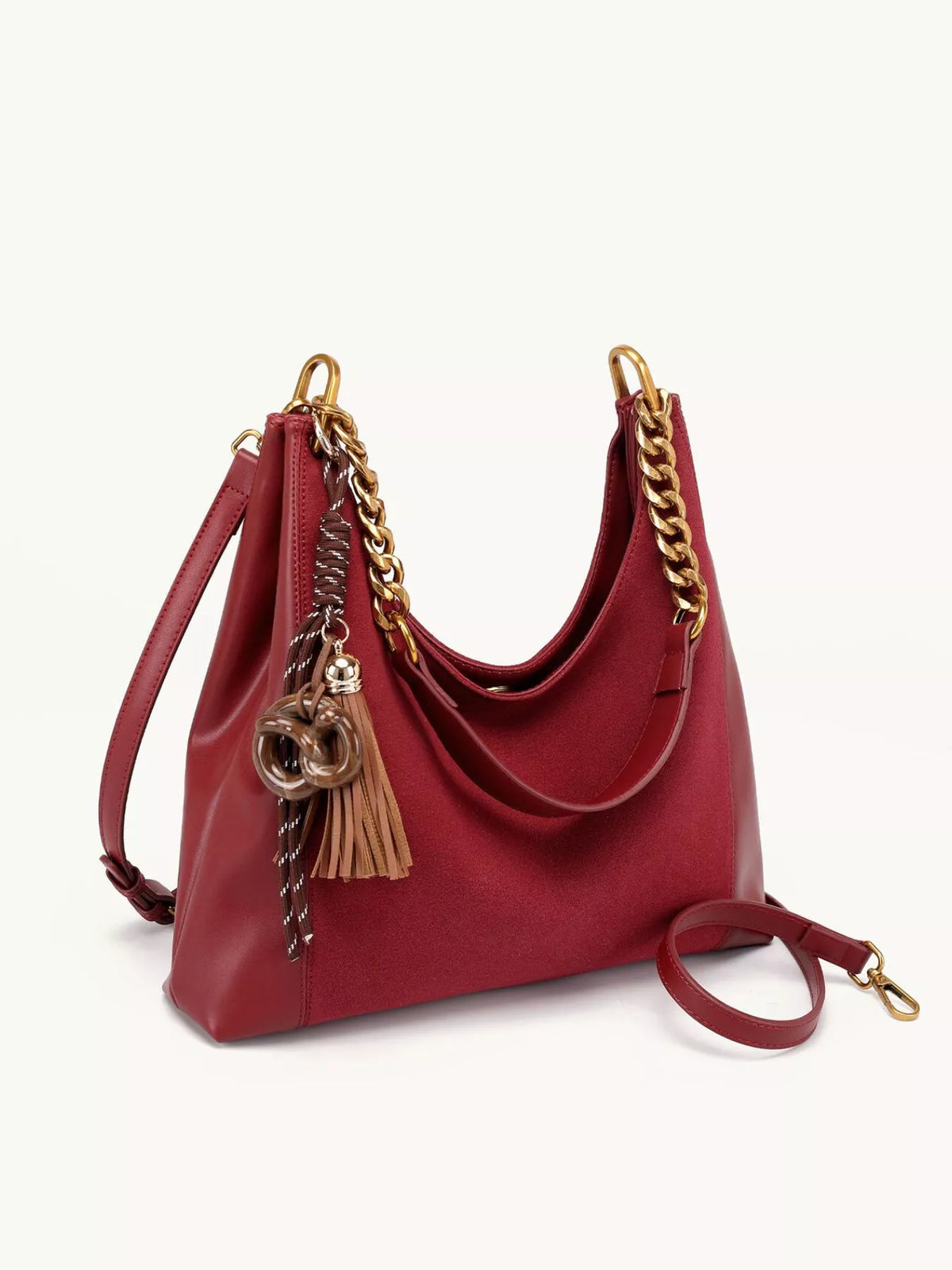 Chain Strap Tassel Charm Shoulder Bag in Wine Red, view 7