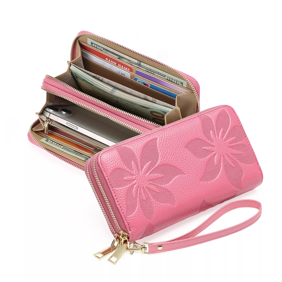 Floral Embossed Leather Zipper Wallet - Lilixa.store