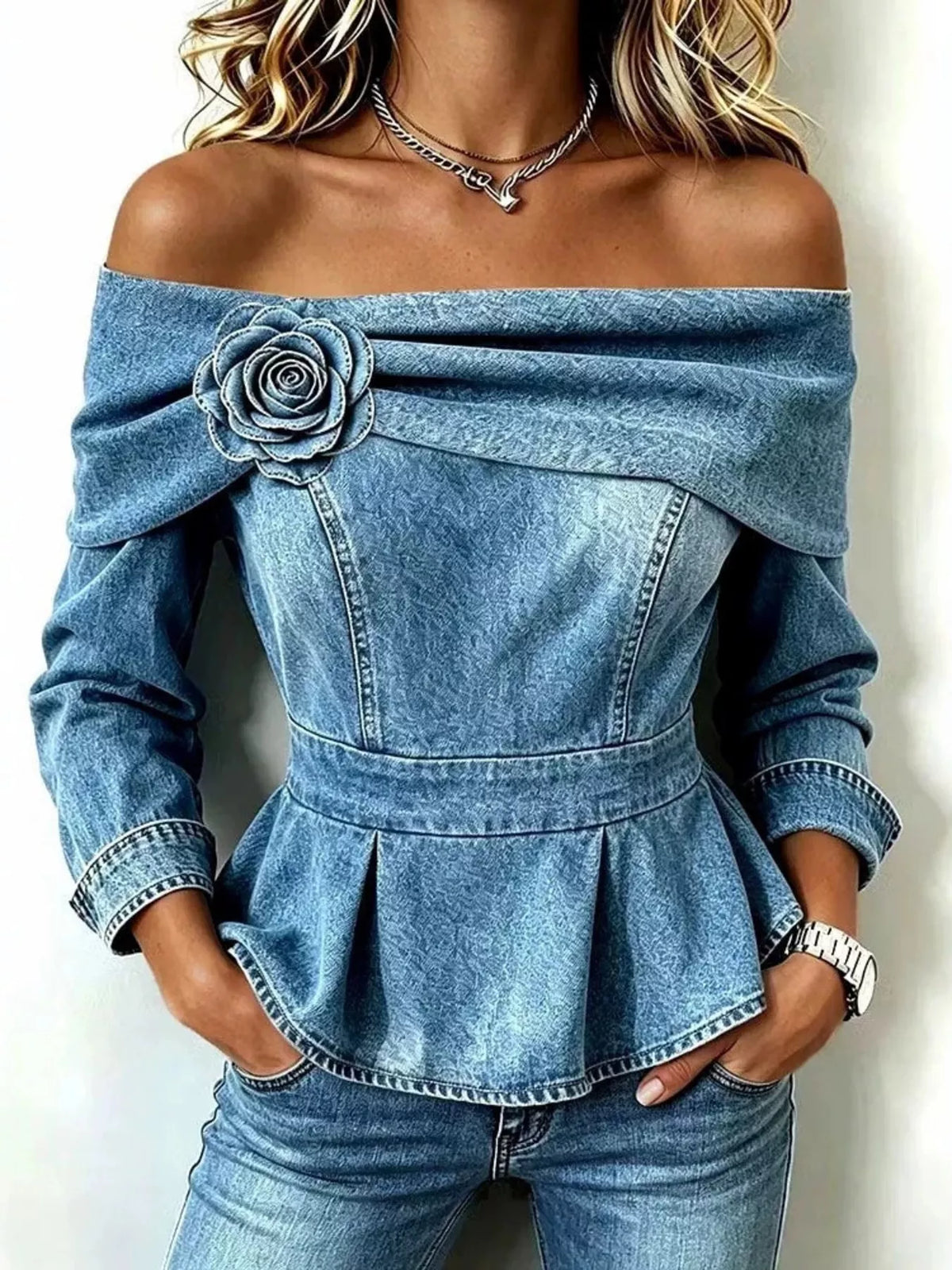 Full Size Off-Shoulder Floral Denim Look Top Plus Size