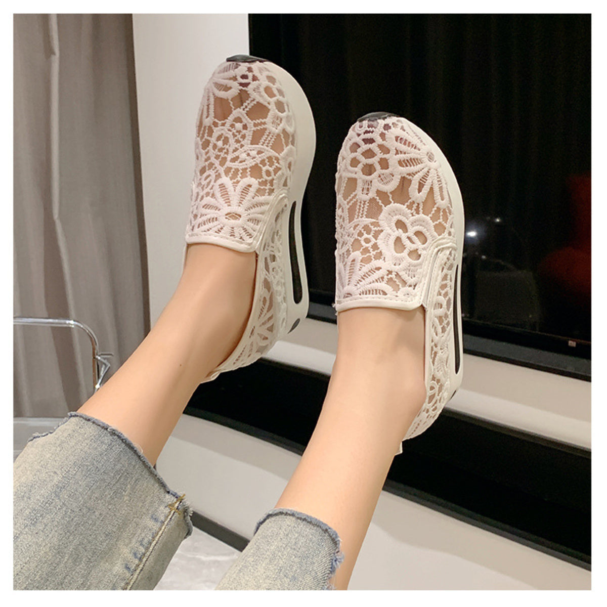 Lace Breathable Platform Slip-On in White