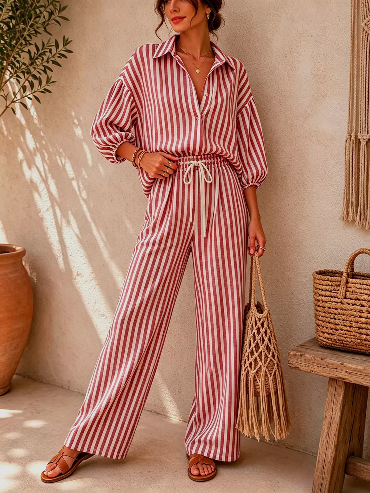 Striped Collared Shirt and Wide-Leg Drawstring Pants Set - Lilixa.store