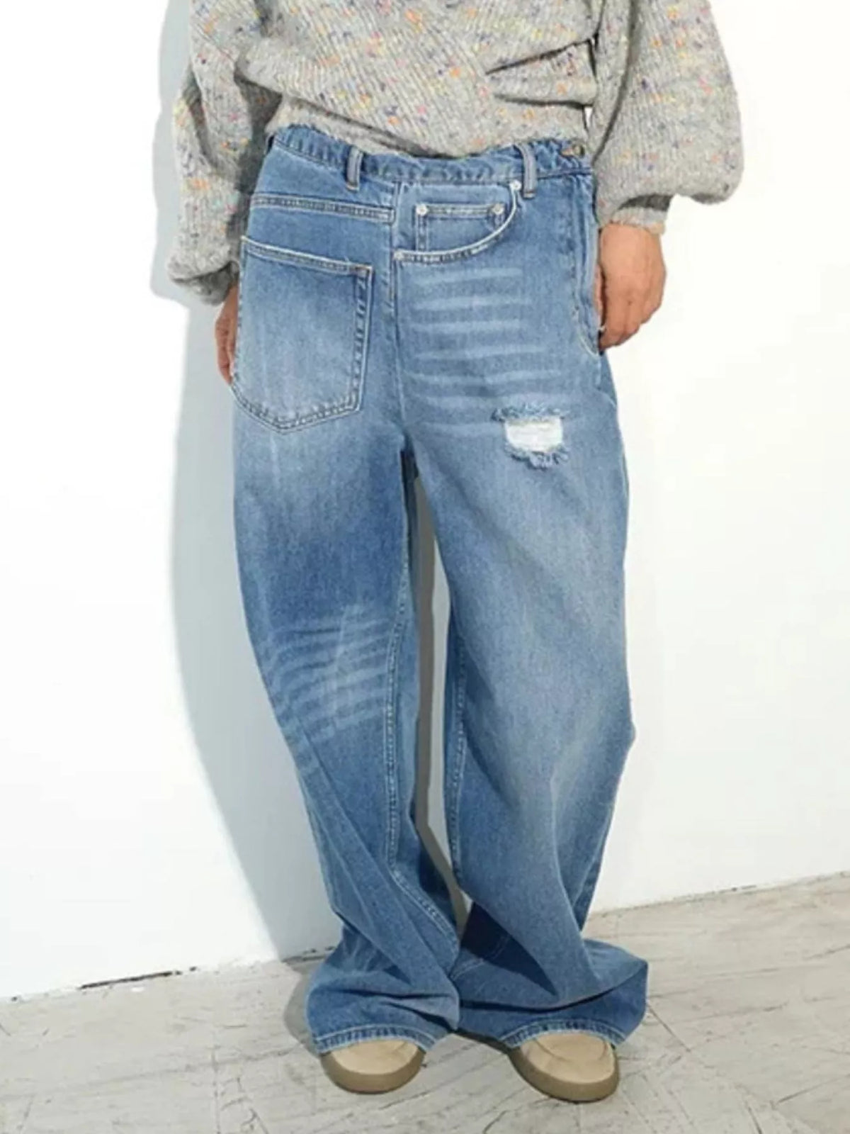 High-Waisted Distressed Wide-Leg Denim Jeans in Blue, view 2