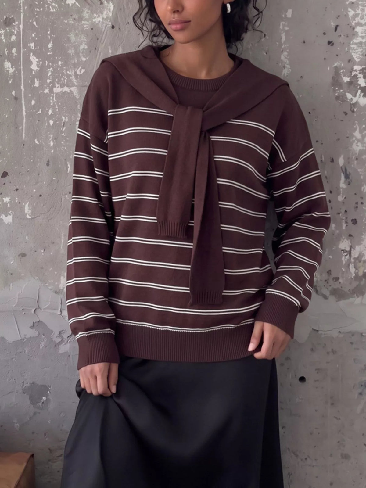 Classic Striped Crewneck Knit Top with Layered Sweater Detail, view 17