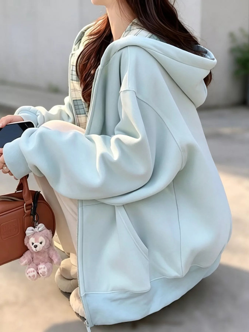 Zip-Up Plaid Lining Hoodie - Lilixa.store
