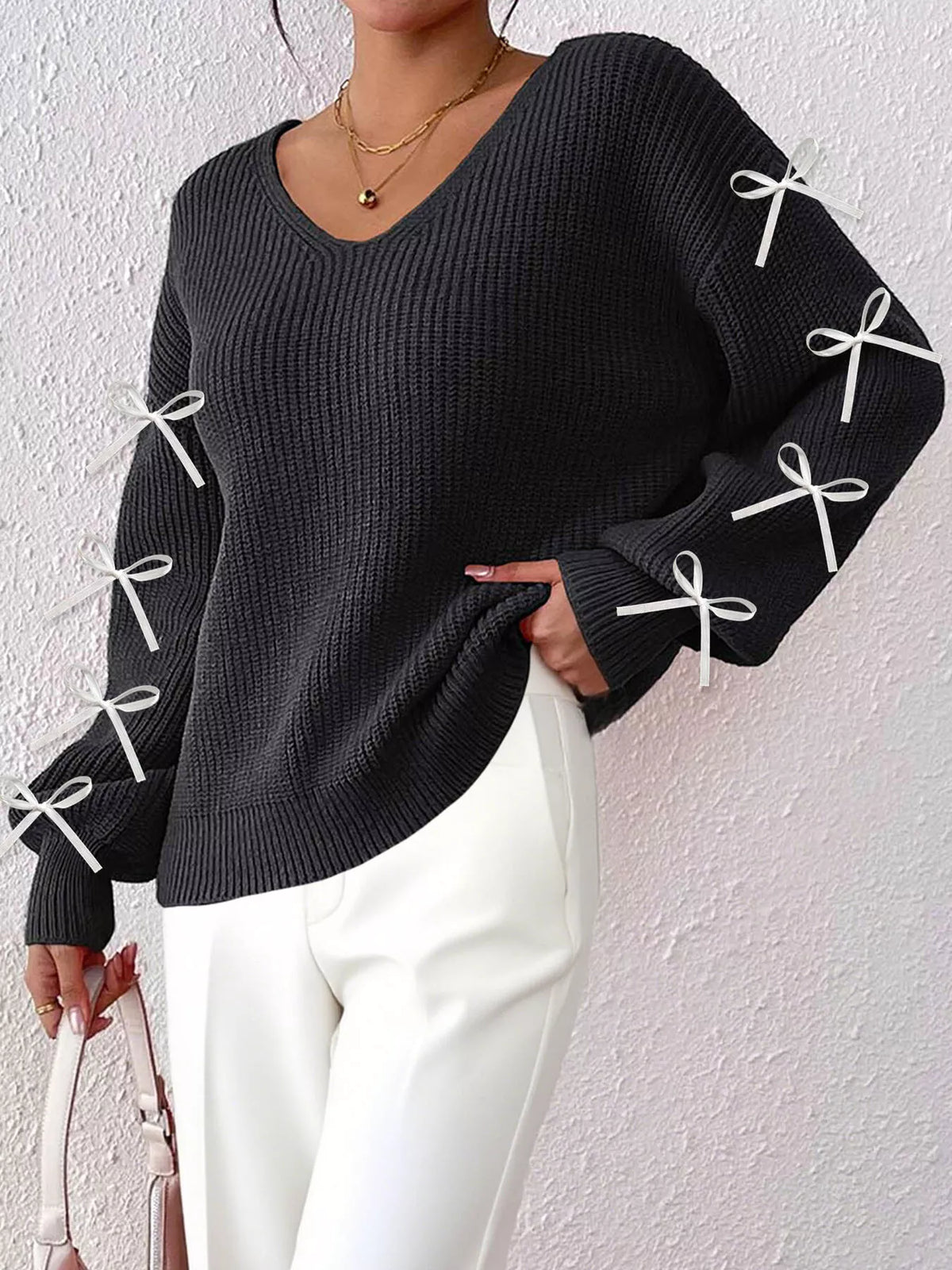 Bow-Tie Sleeve V-Neck Sweater - Lilixa.store