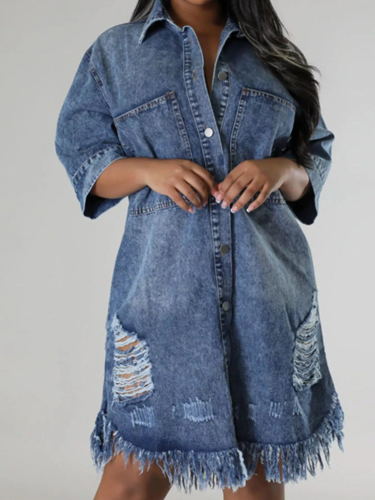 Plus Size Distressed Frayed Hem Button-Down Denim Dress in Dusty Blue, view 5