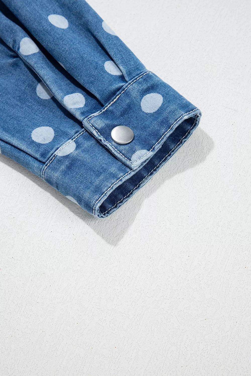 Polka Dot Long Sleeve Collar Shift Tunic Denim Jacket in Dusty Blue, view 9