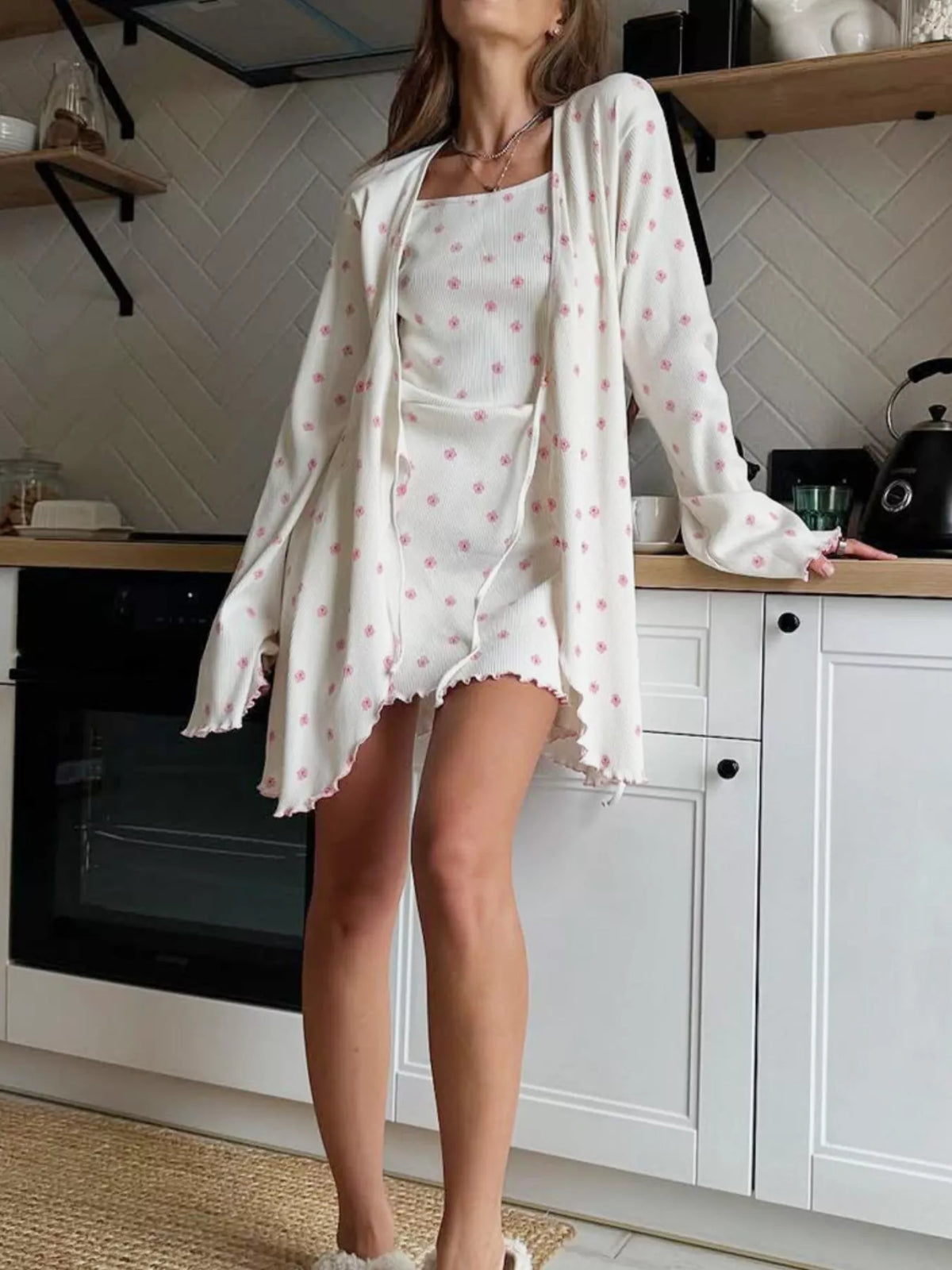Floral Print Cami Dress and Cardigan Lounge Set - Lilixa.store