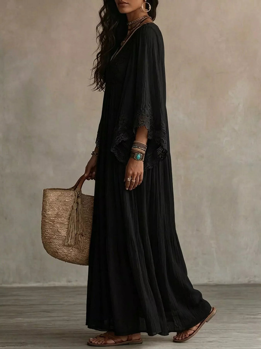 Lace Trim V-Neck Maxi Dress - Lilixa.store