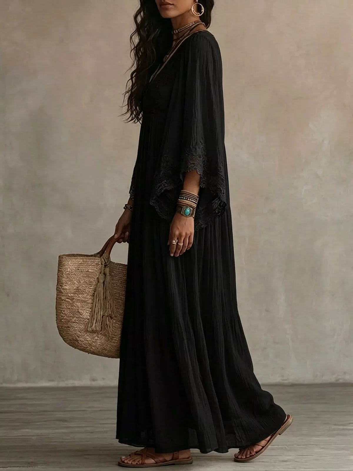 Lace Trim V-Neck Maxi Dress - Lilixa.store