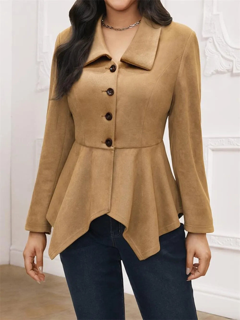 Handkerchief Hem Button Up Collared Neck Jacket in Camel, view 3