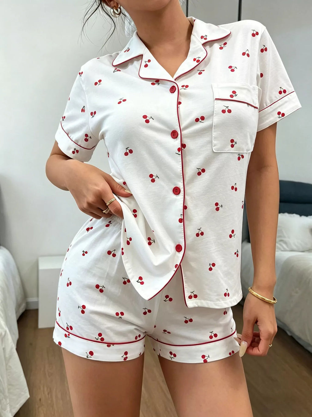 Heart Print Button-Down Short Sleeve Top and Shorts Lounge Set - Lilixa.store