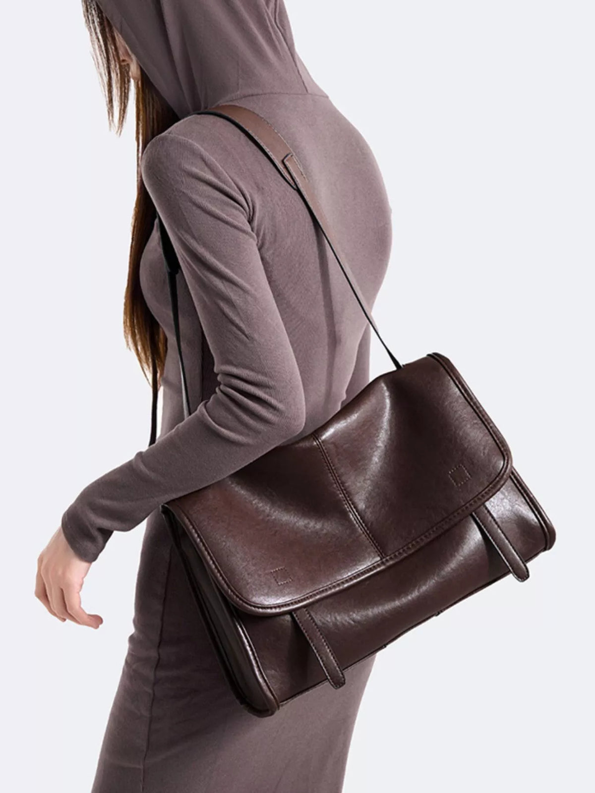 PU Leather Messenger Shoulder Bag in Brown, view 3