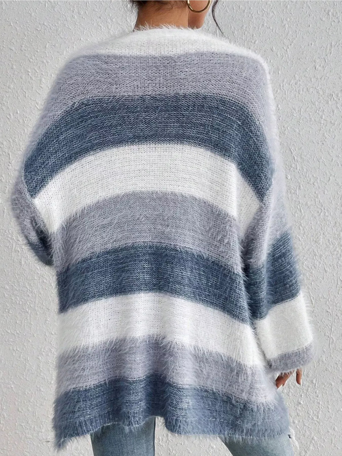 Striped Open Front Oversized Cardigan in Light Blue, view 6