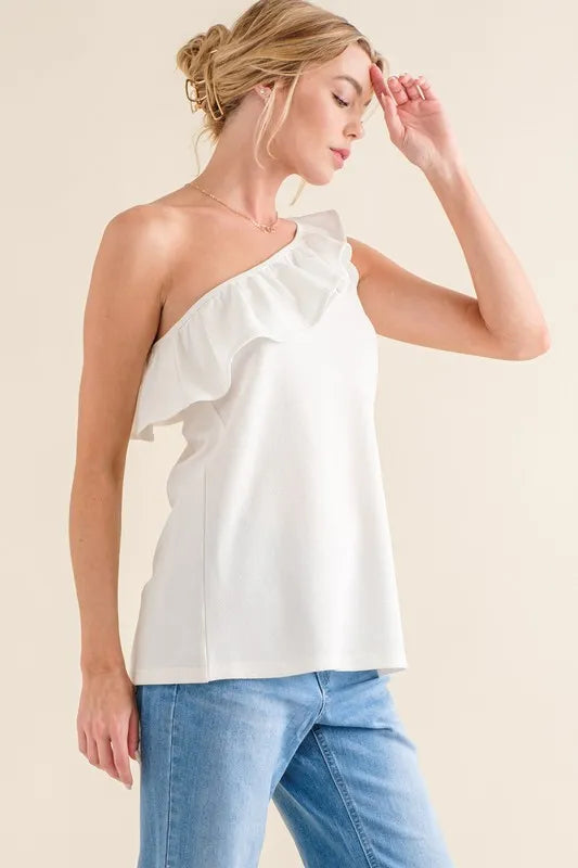 And The Why Ruffle One Shoulder Sleeveless Tank Top in White, view 4
