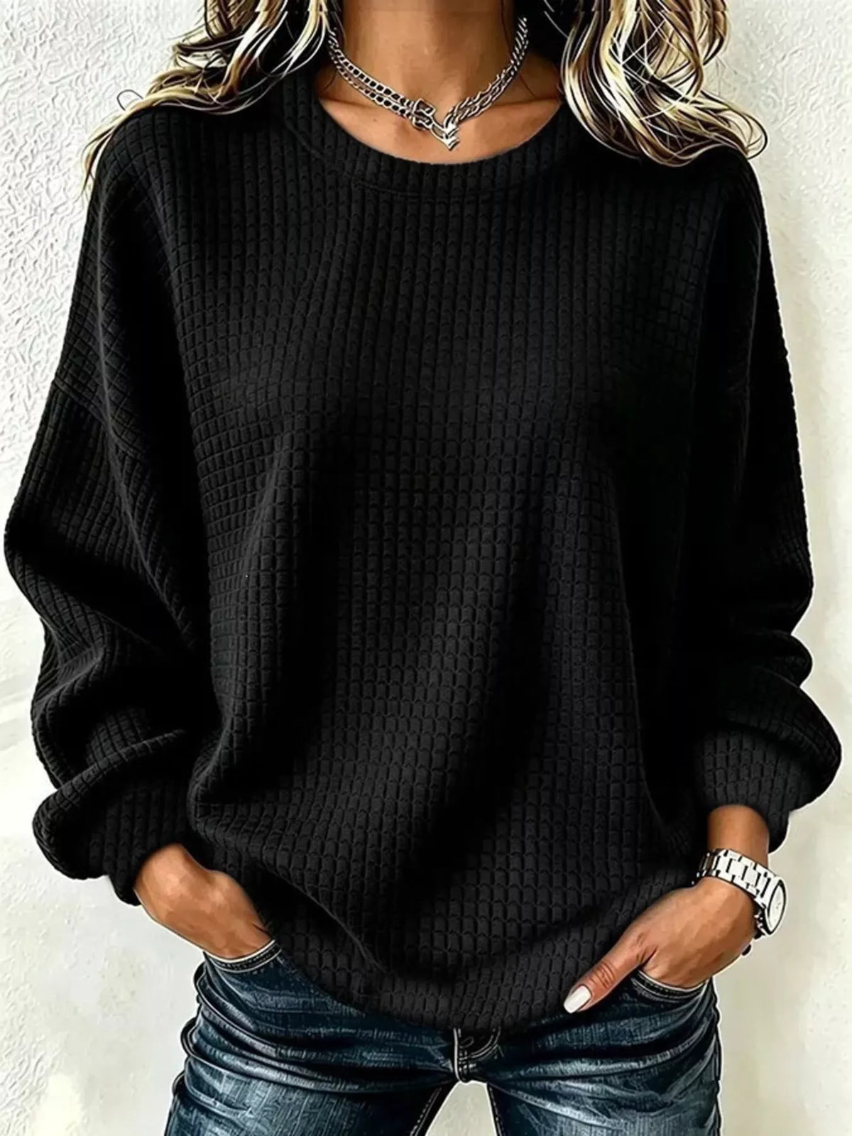 Full Size Waffle Knit Long Sleeve Crew Neck Sweatshirt Plus Size - Lilixa.store