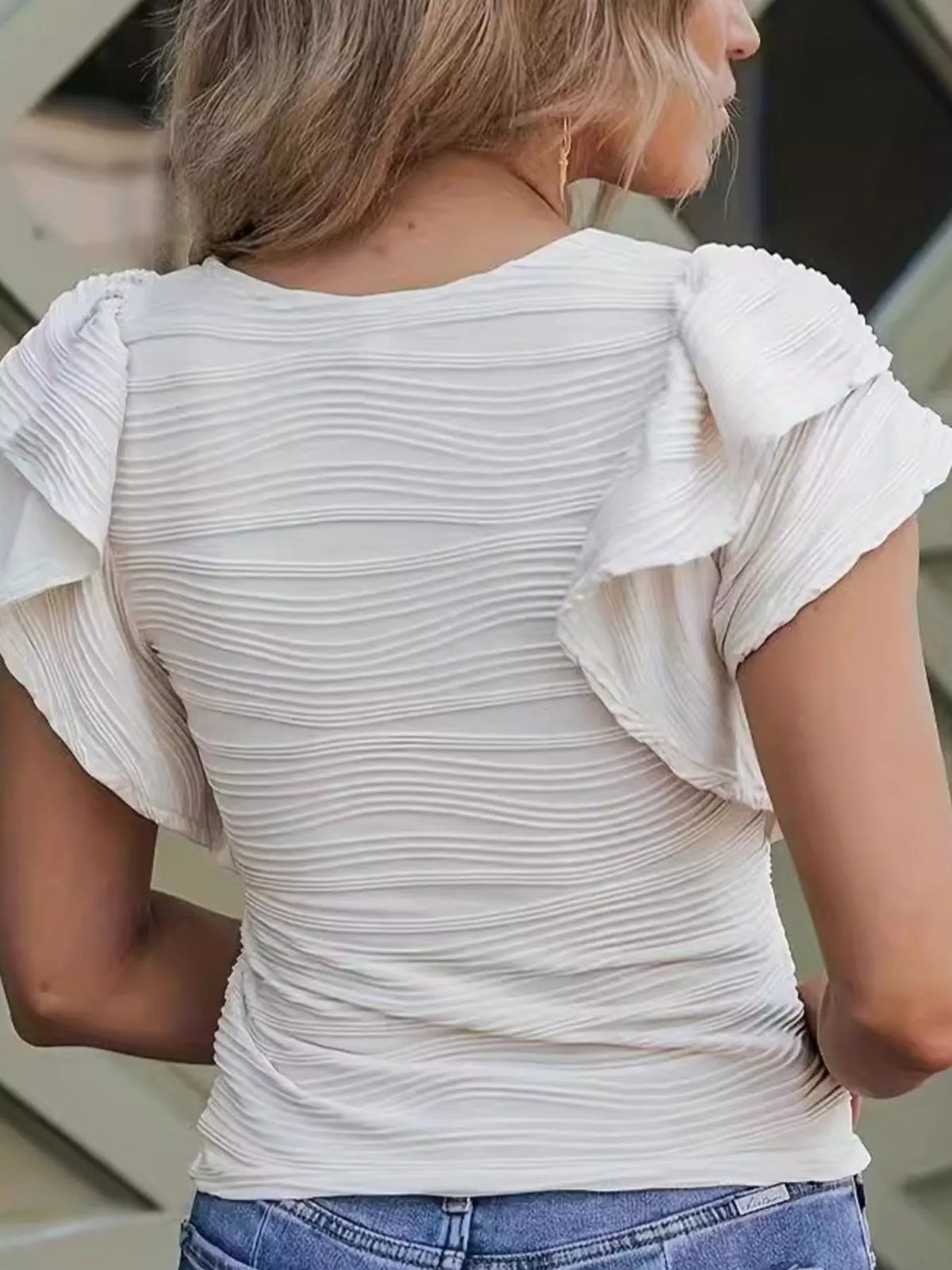 Full Size Textured Ruffle Sleeve Crew Neck Blouse Plus Size in White, view 3