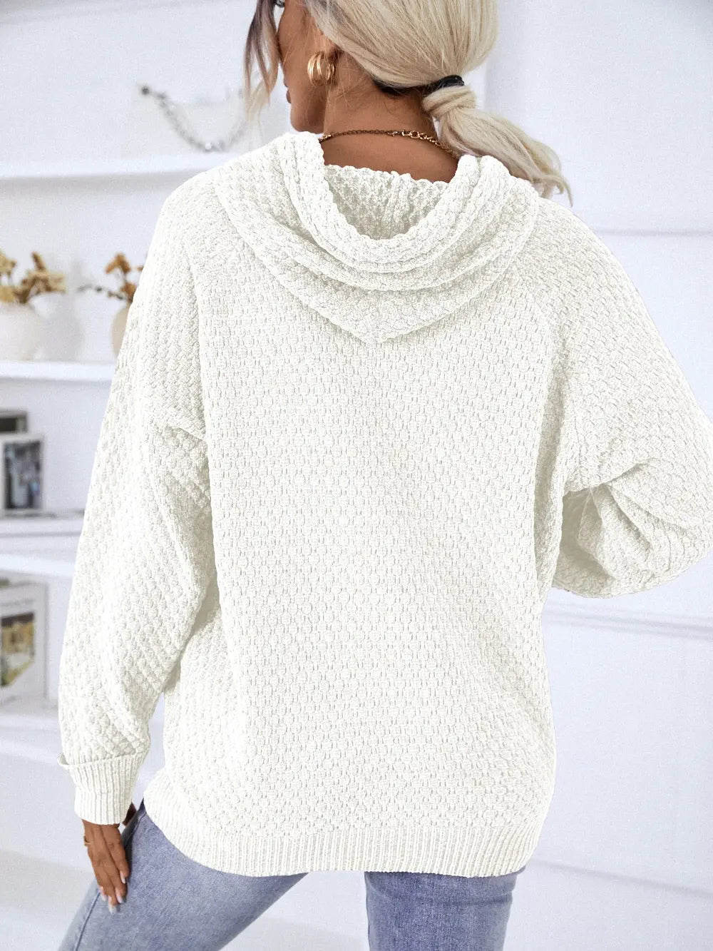 Texture Drawstring Long Sleeve Hooded Sweater, view 10