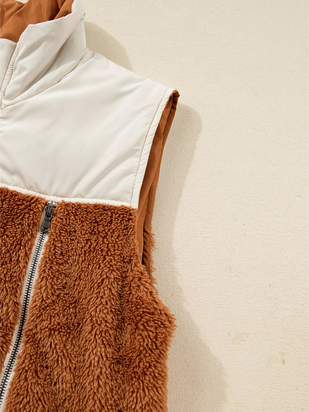 Color Block Plush Patchwork Zipper Stand Neck Vest Coat - Lilixa.store