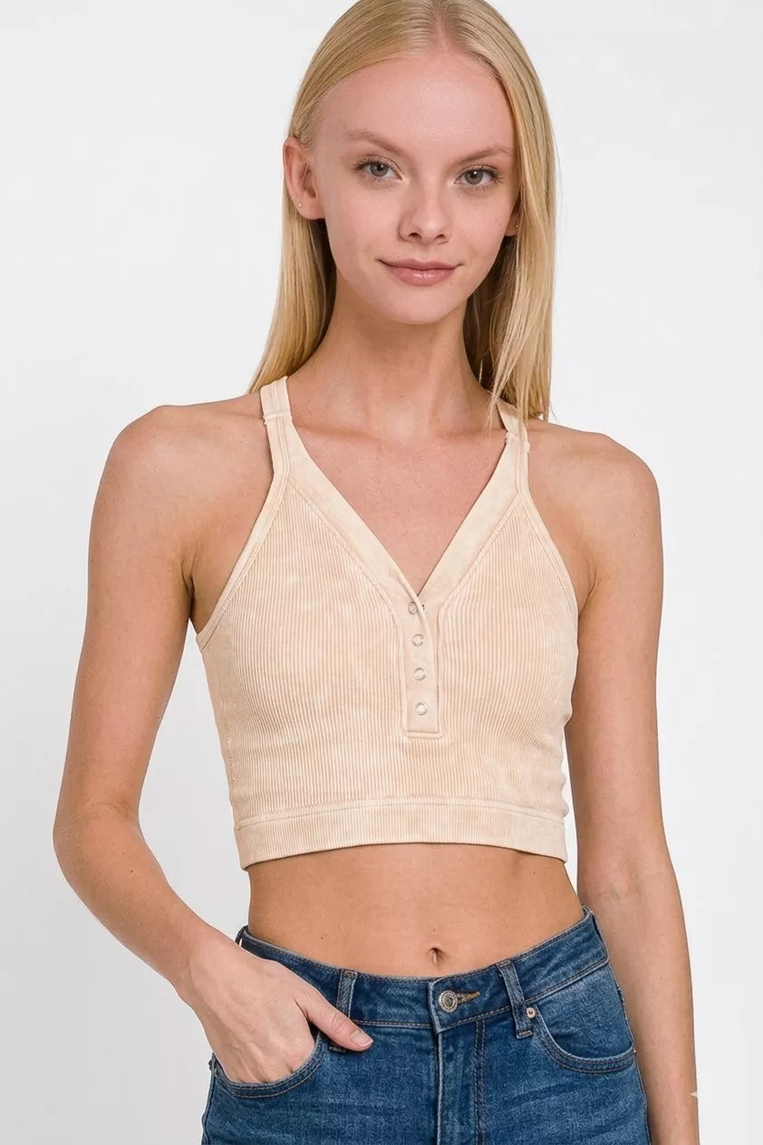 Zenana Washed Ribbed Seamless Button V-neck Tank Top - Lilixa.store