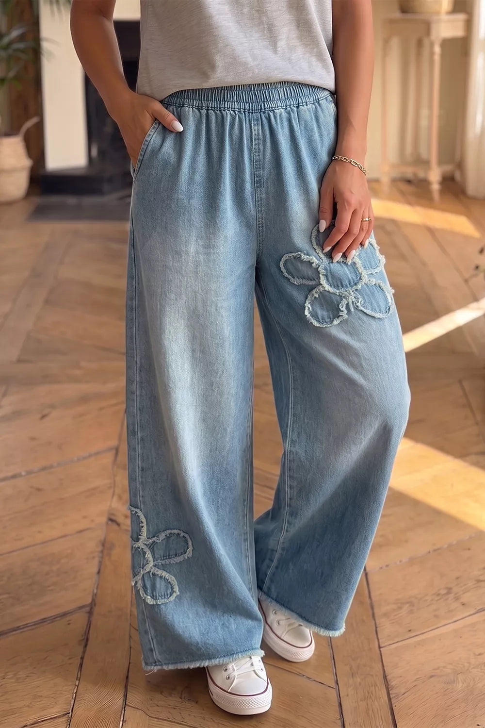 Frayed Floral Patch Wide Leg Raw Hem Wide Leg Jeans - Lilixa.store