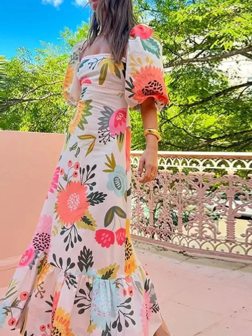Full Size Floral Print Puff Sleeve Maxi Dress Plus Size - Lilixa.store