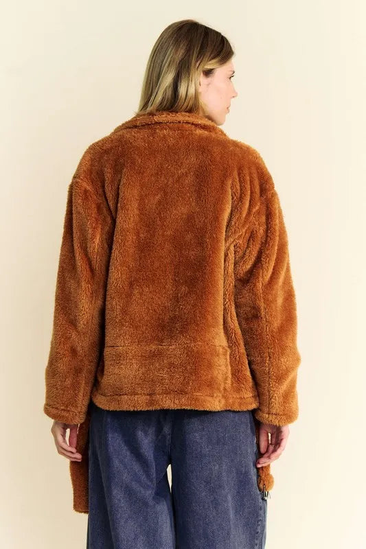 Davi & Dani Fuzzy Zip Up Collared Neck Jacket in Brown, view 2