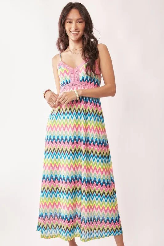 Davi & Dani Multi Color Crochet Lace Midi Dress - Lilixa.store