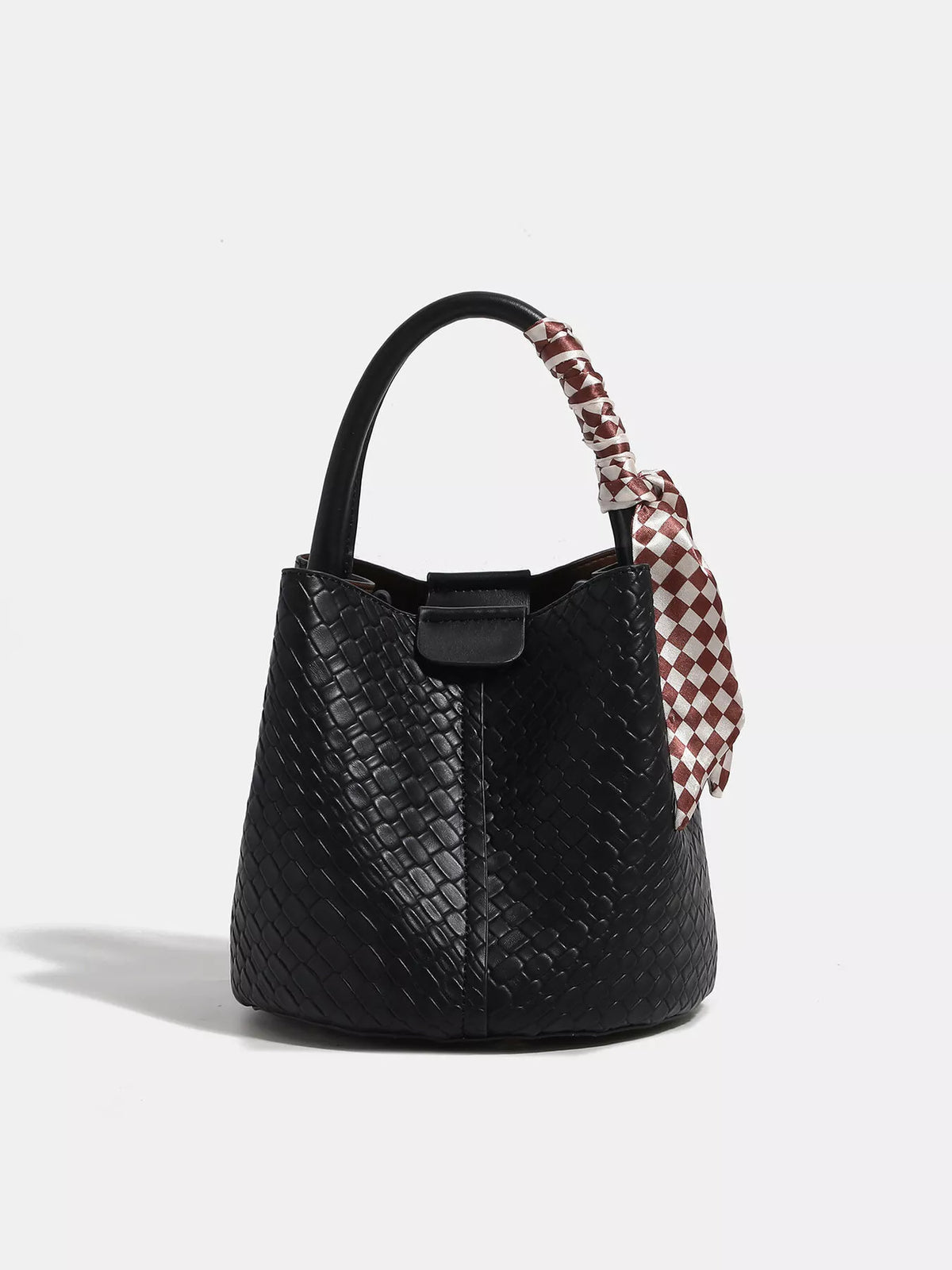 Woven Texture Bucket Handbag with Decorative Scarf in Black, view 2