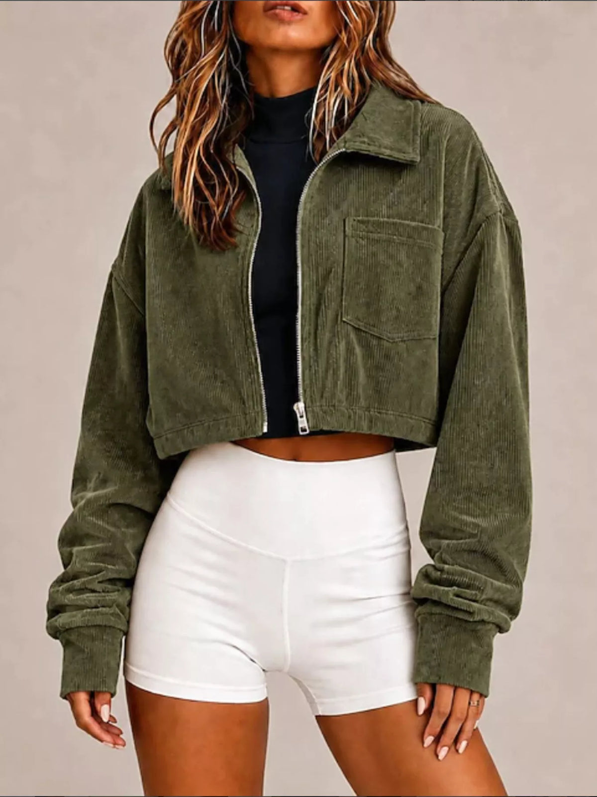 Corduroy Zip Up Cropped Jacket