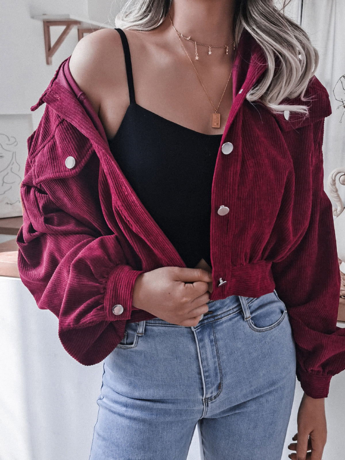 Lantern Sleeve Cropped Corduroy Jacket, view 9