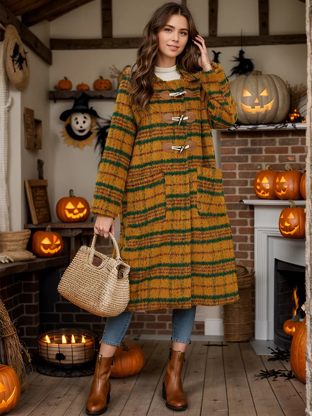 Plaid Long Sleeve Hooded Coat with Pockets in Mustard