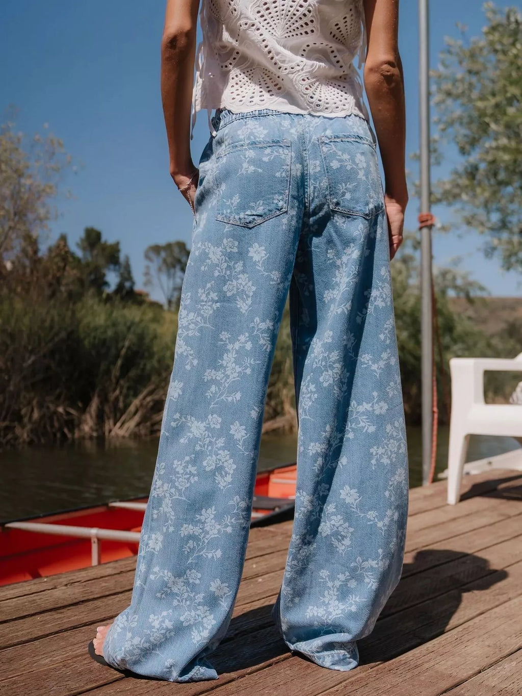 Drawstring Floral Wide-Leg Jeans - Lilixa.store