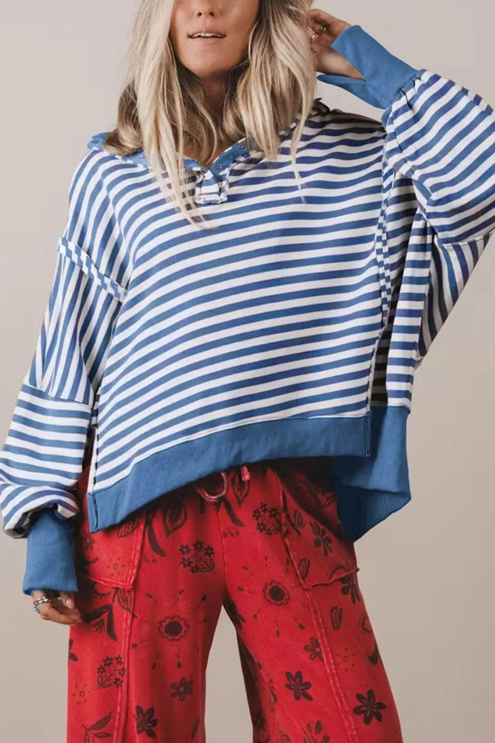 Stripe Color Block Trim Raw Seam Split Hem Loose Sweatshirt - Lilixa.store