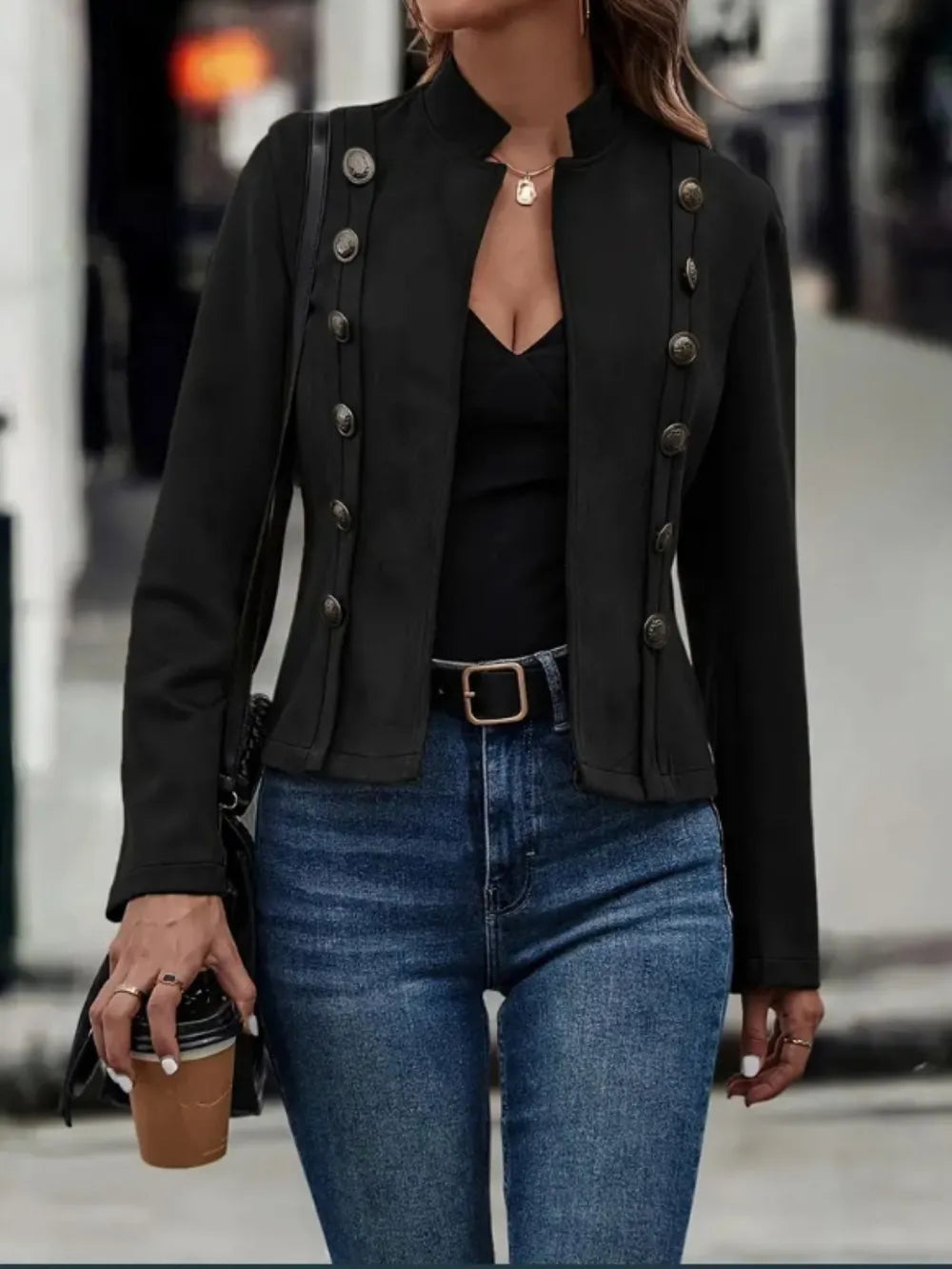 Decorative Button Open Front Long Sleeve Jacket, view 6