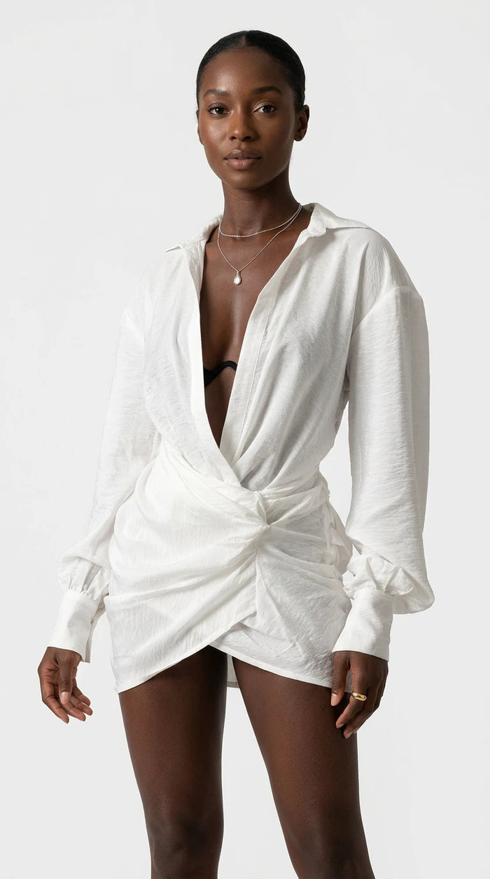 Deep V-Neck Ruched Asymmetrical Mini Dress in White