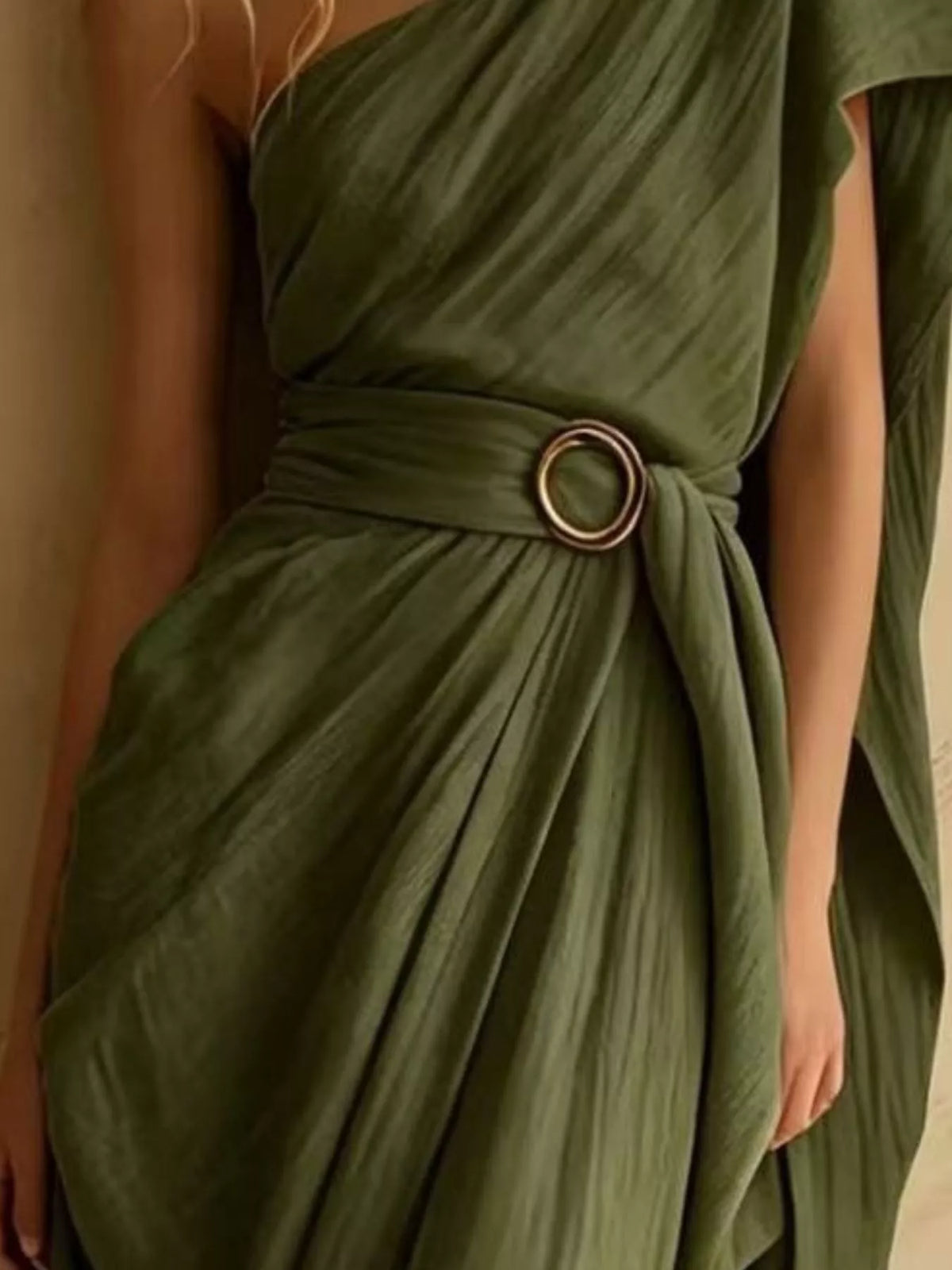 One-Shoulder Draped Maxi Dress with Waist Buckle - Lilixa.store