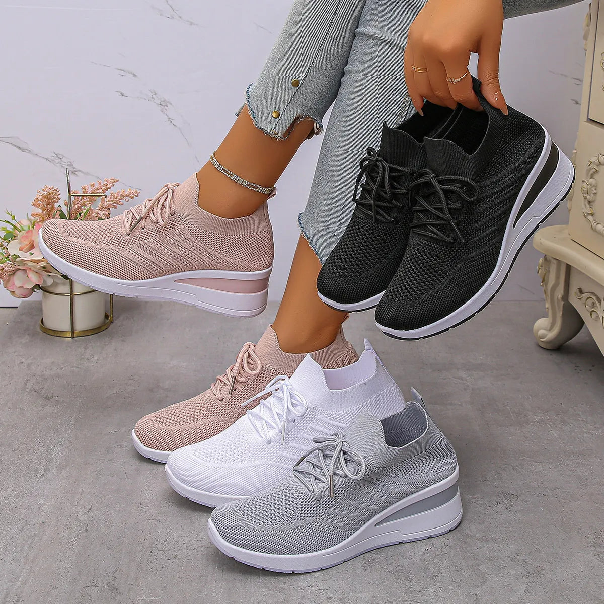 Mesh Lace Up Wedge Athletic - Lilixa.store
