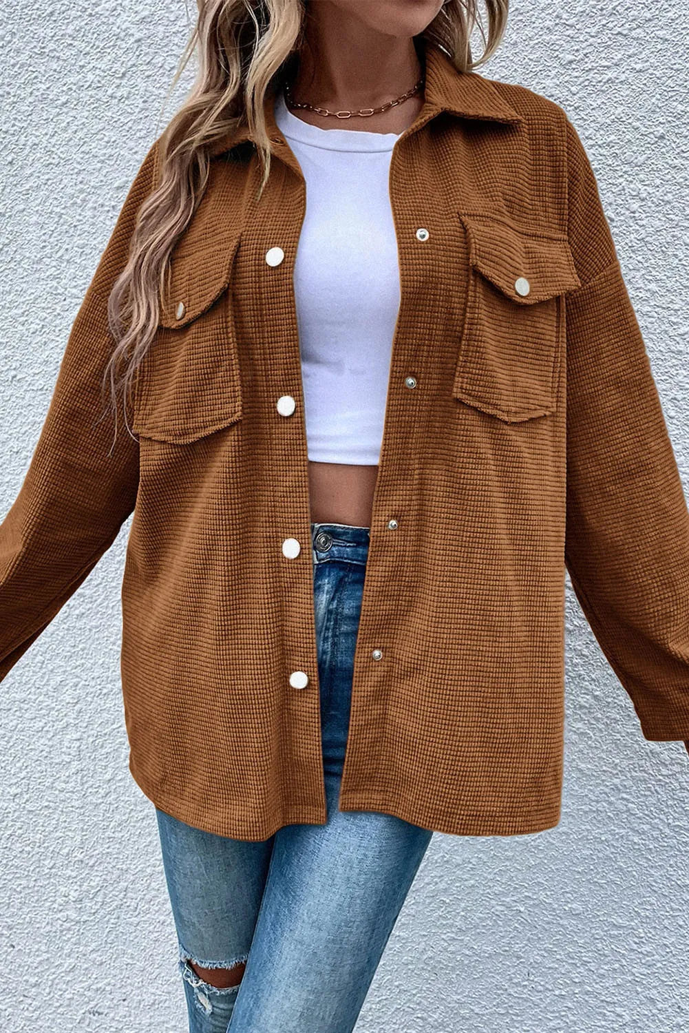 Pocketed Snap Down Long Sleeve Jacket in Brown, view 4