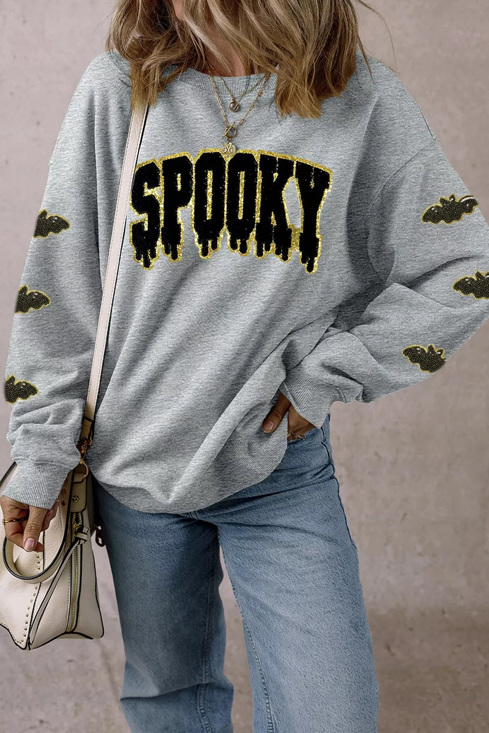 Sequin SPOOKY Halloween Bat Embellished Sleeve Pullover Sweatshirt - Lilixa.store