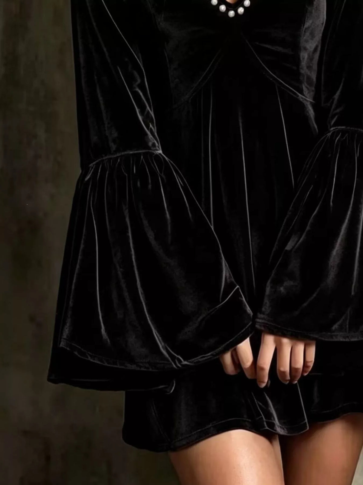 Full Size Velvet Bell-Sleeve Mini Dress with Pearl Embellished V-Neck Plus Size, view 4