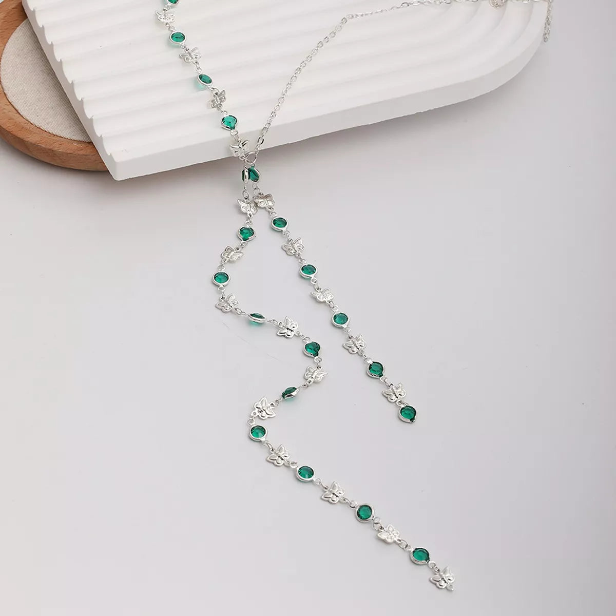 Rhinestone Butterfly Tassel Y‑Shape Lariat Necklace in Silver, view 6