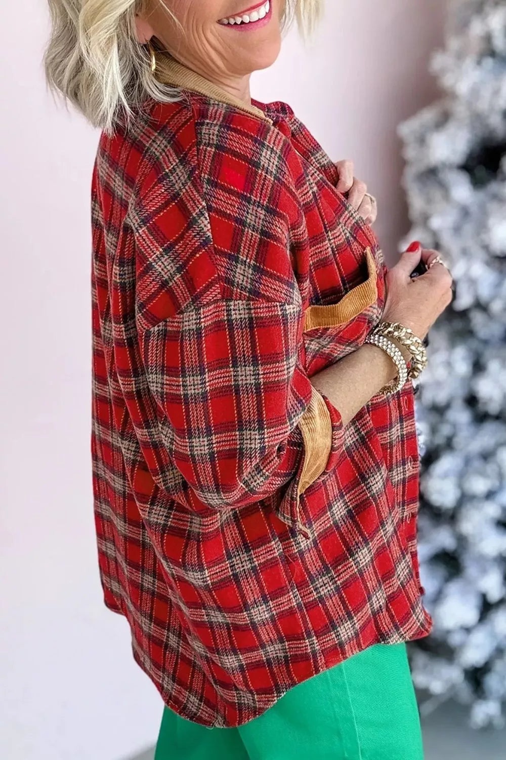 Plaid Corduroy Trim Dropped Shoulder Shacket - Lilixa.store