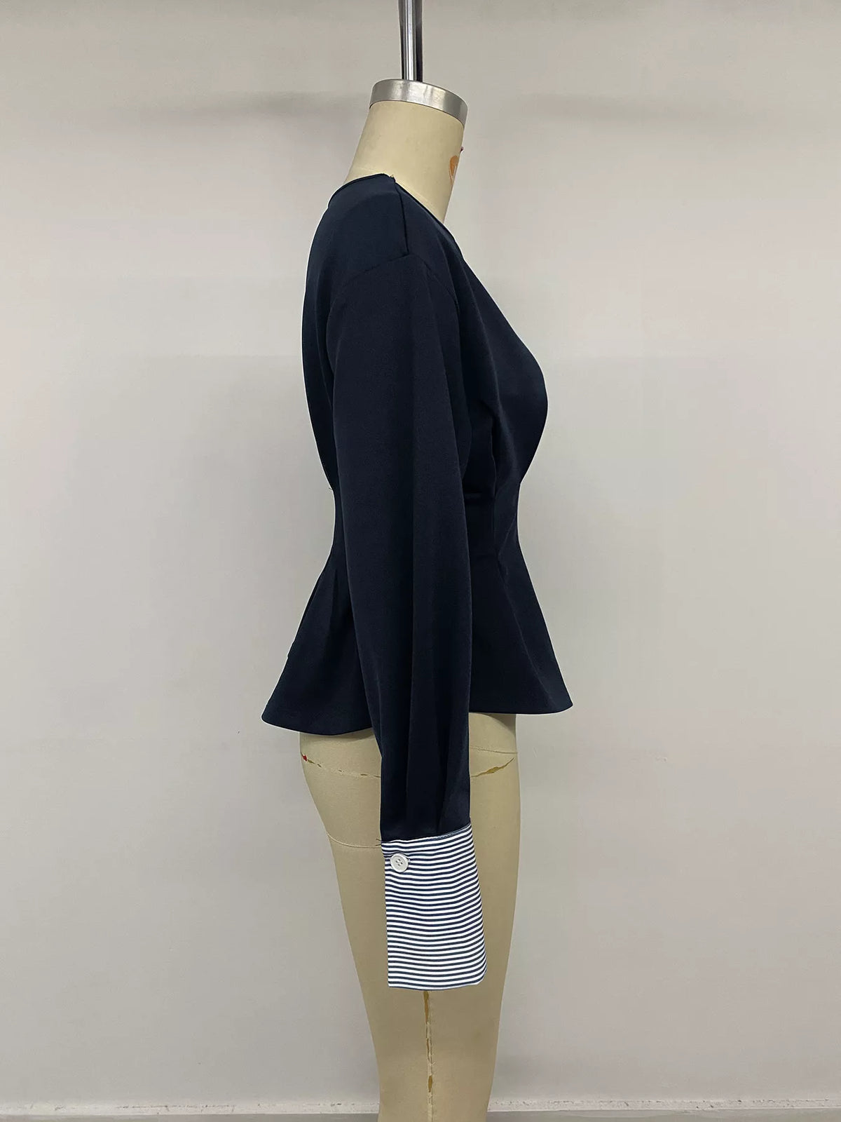 Round Neck Peplum Top with Striped Cuffs in Dark Blue, view 12