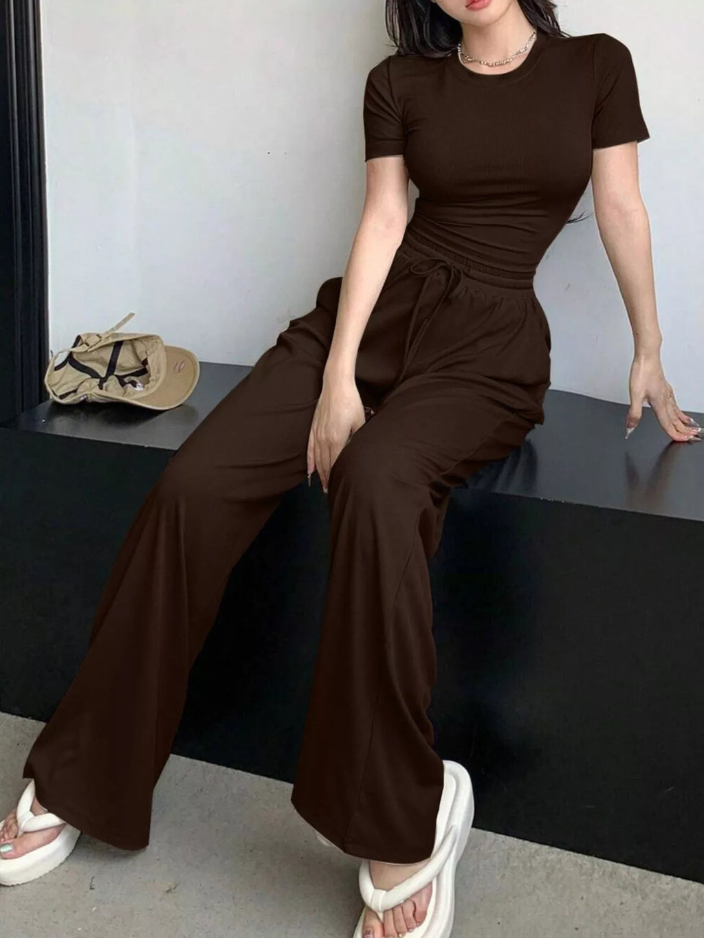 Solid Color Short Sleeve Crop Top and Wide Leg Pants Set - Lilixa.store