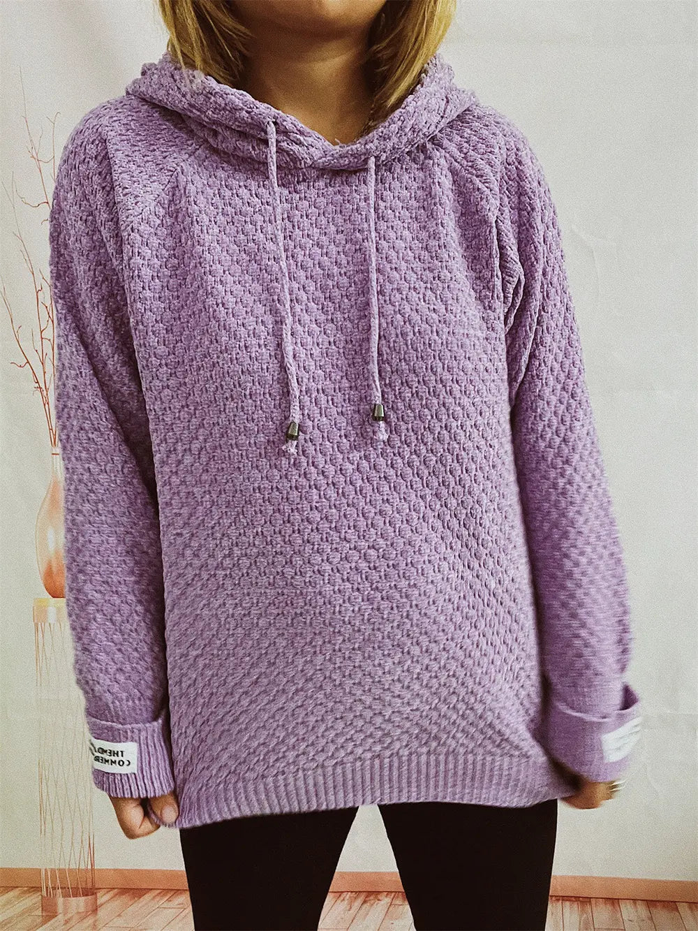 Drawstring Long Sleeve Hooded Sweater in Lavender